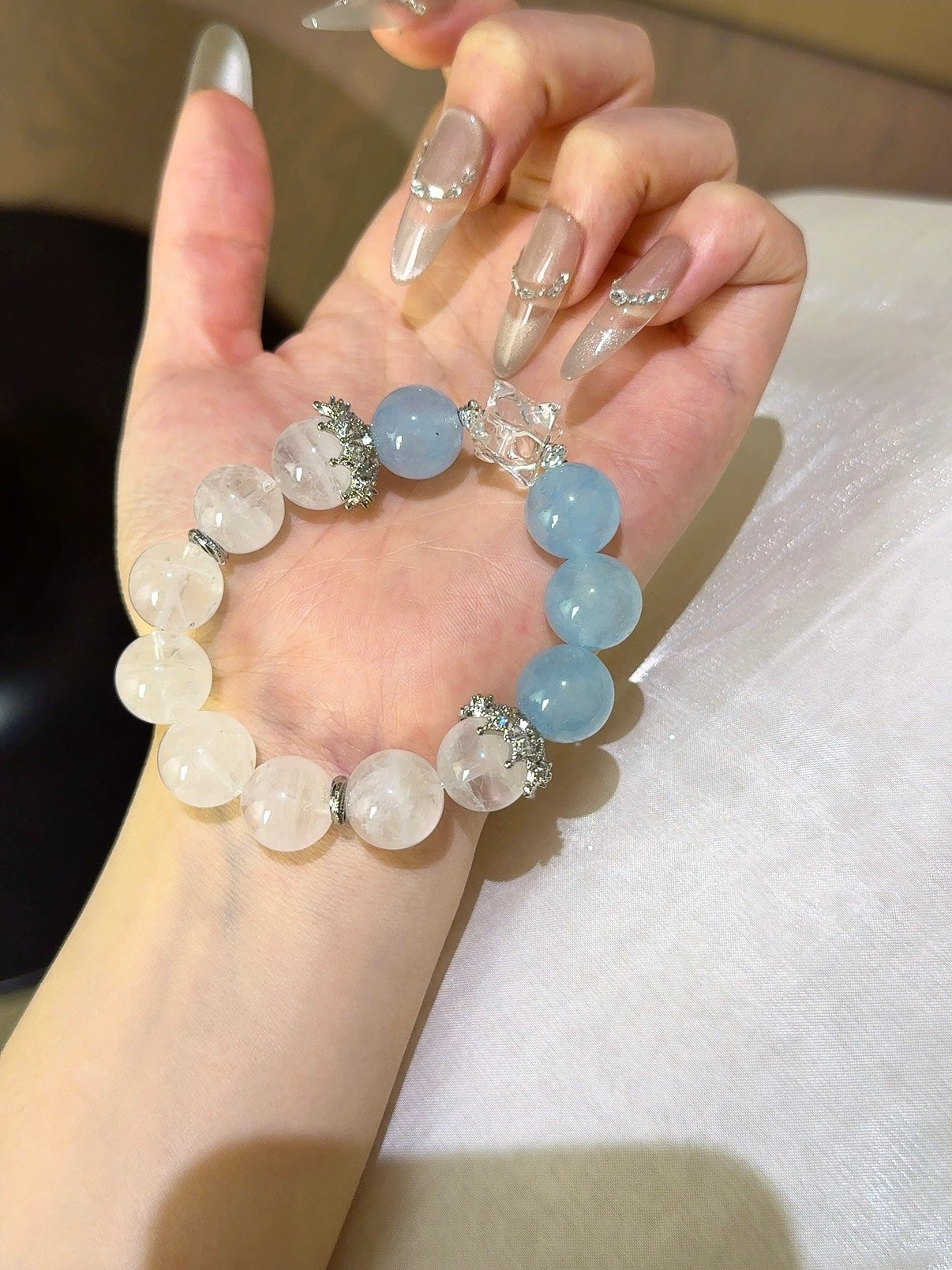 ▫️▪️ Blue chalcedony white ghost white crystal mercaba bracelet